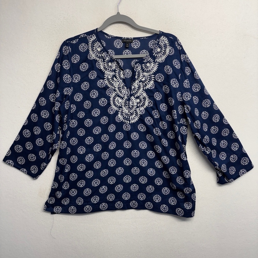 Talbots Cotton XL Navy Blue Tunic Blouse 3/4‎ Sleeve